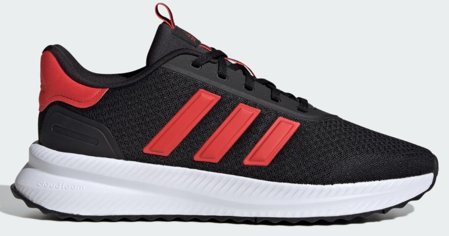 men's adidas running shoe in black with red and white accents