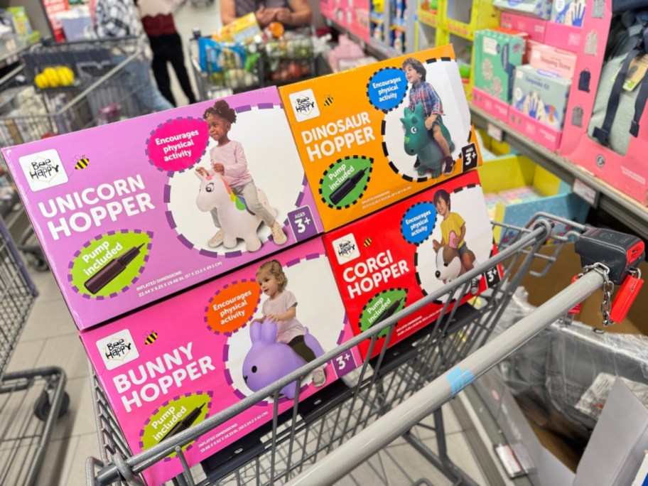 kid's animal shaped inflatable riding bopper toys in boxes in cart