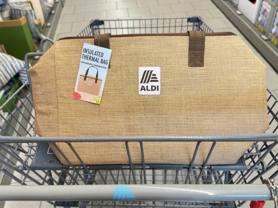 tan color Aldi insulated bag in shopping cart