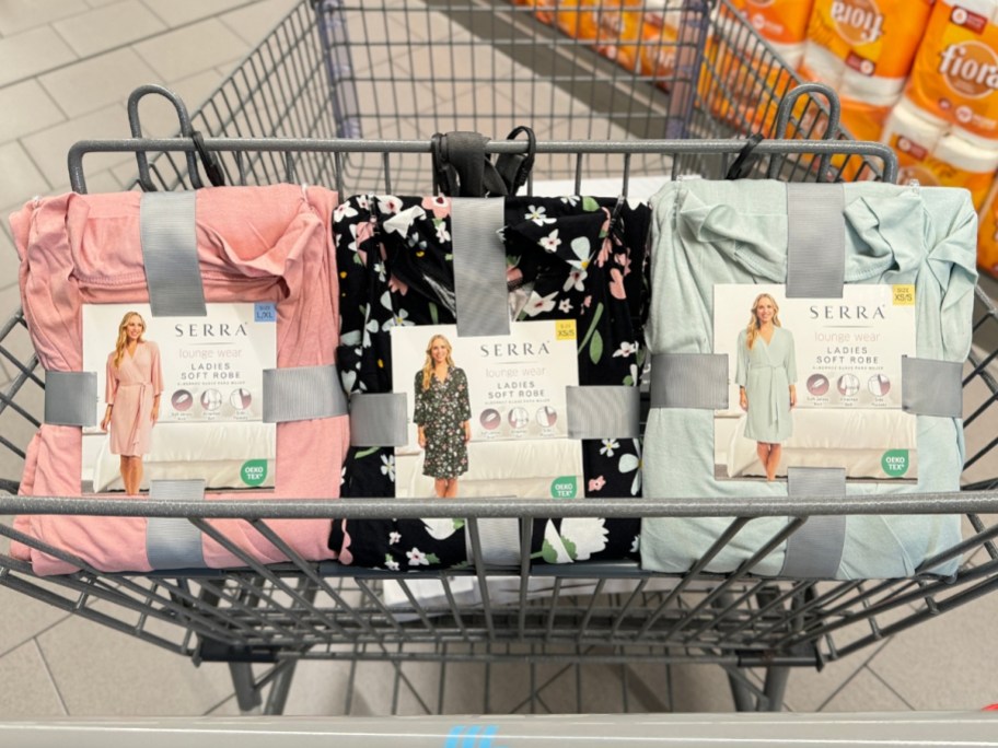 women's robes in various prints in a shopping cart