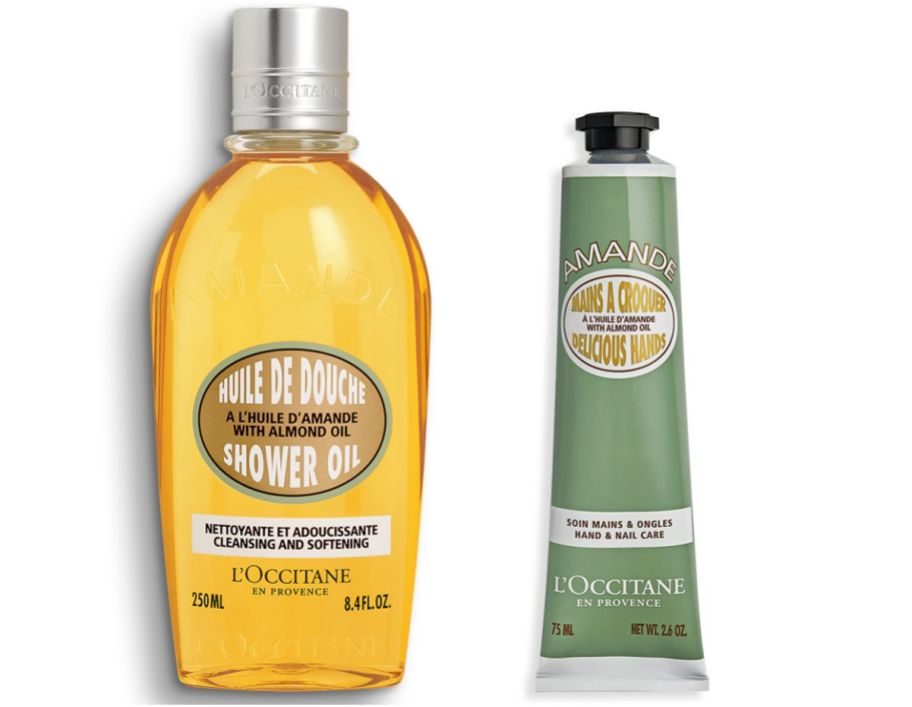 a bottle of almond oil bath gel and a tube of almond oil hand crema