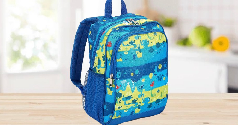 blue animals backpack on countertop 