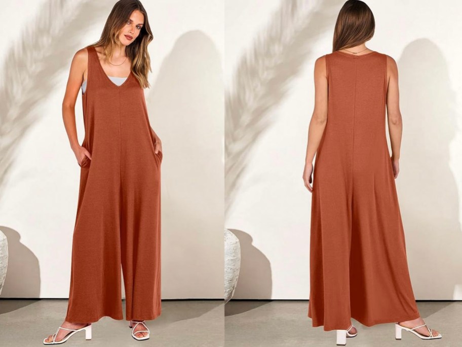 front and back image of woman wearing orange rust colored jumpsuit