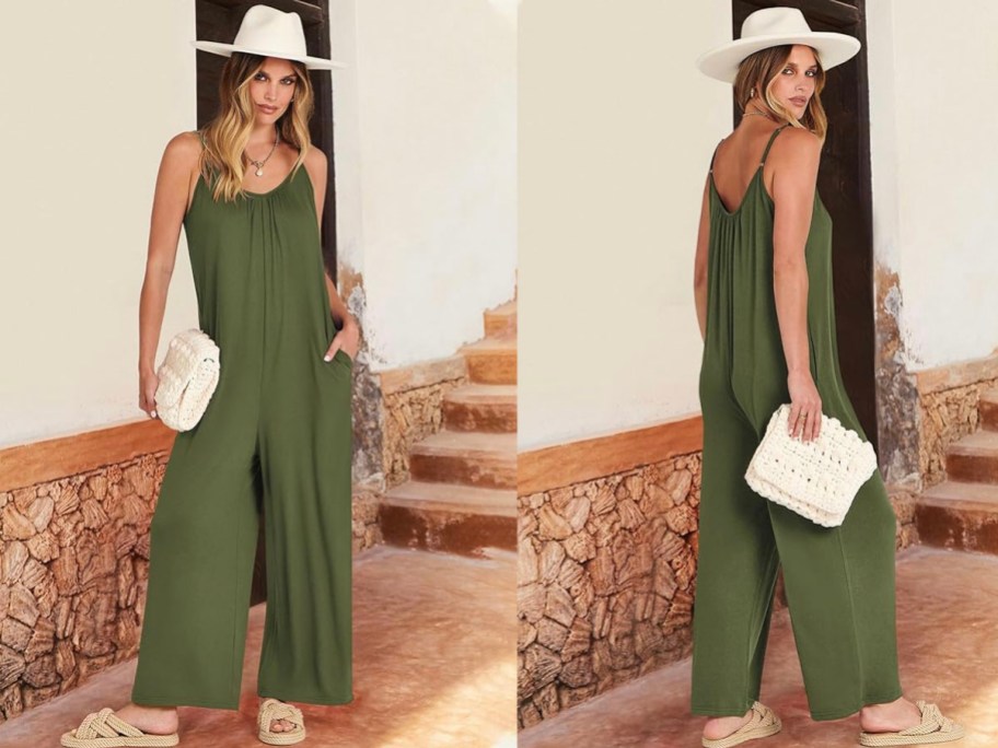 front and side image of woman wearing green jumpsuit and white hat
