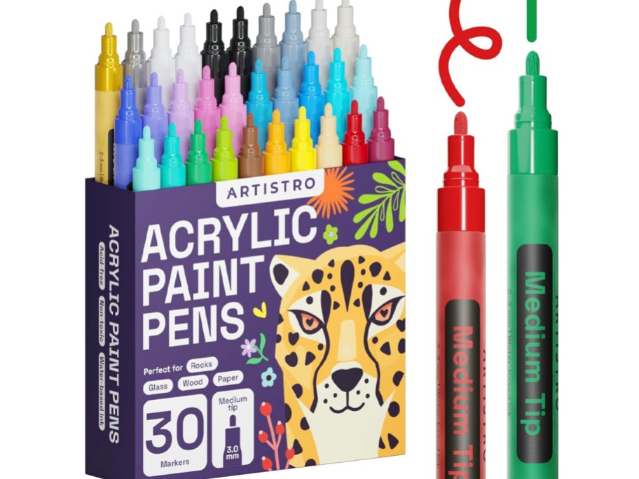 acrylic paint pens 30 count box with red and green paint pens standing next to it 