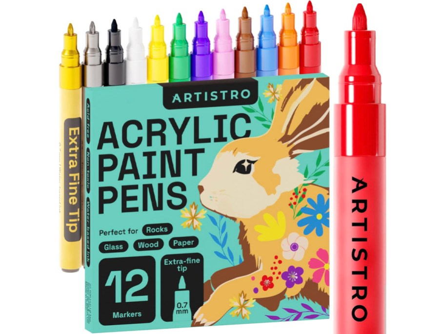 acrylic paint pens 12 count set with red pen sitting in front of it 
