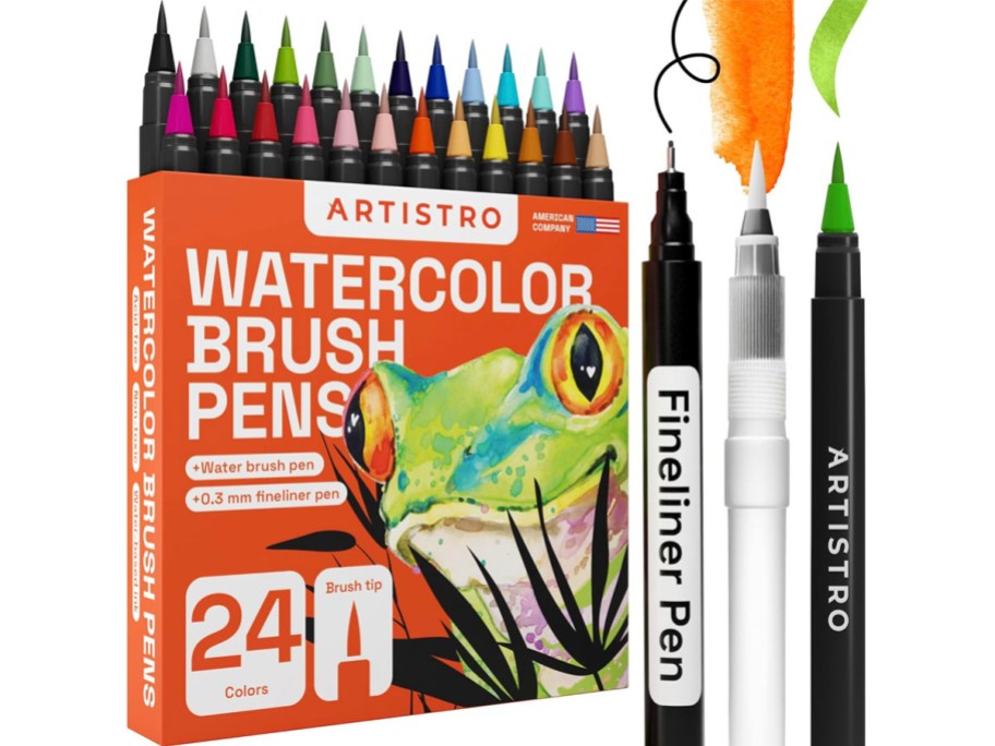 watercolor brush pens 24 count box with black, green and orange pens standing next to it