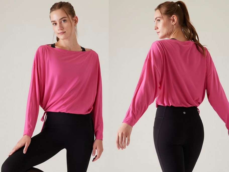 front and back image of woman wearing pink sweater