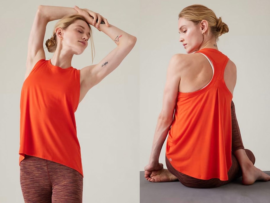 woman front and back image wearing orange tank