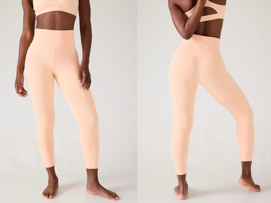 woman front and back image wearing peach tights