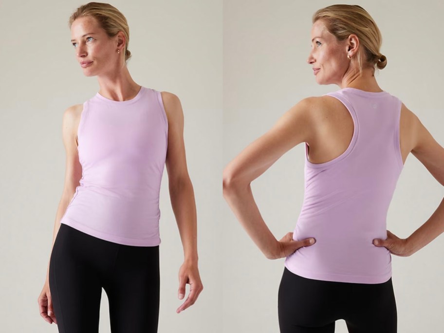 woman front and back image wearing light purple tank top and black pants