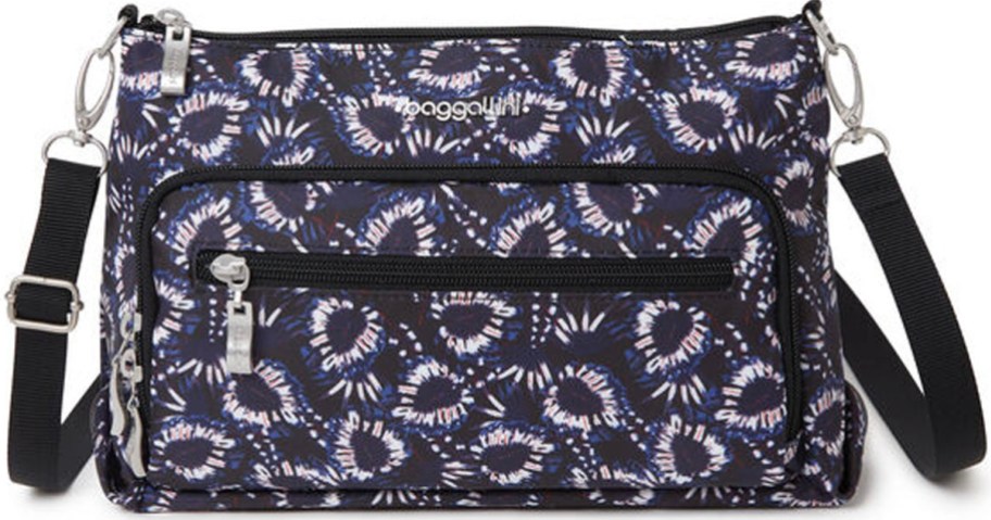 stock image of blue printed baggallini crossbody bag