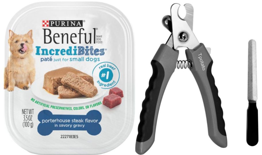 a pack of beneful small dog pate and a pair of dog nail trimmers with a nail file