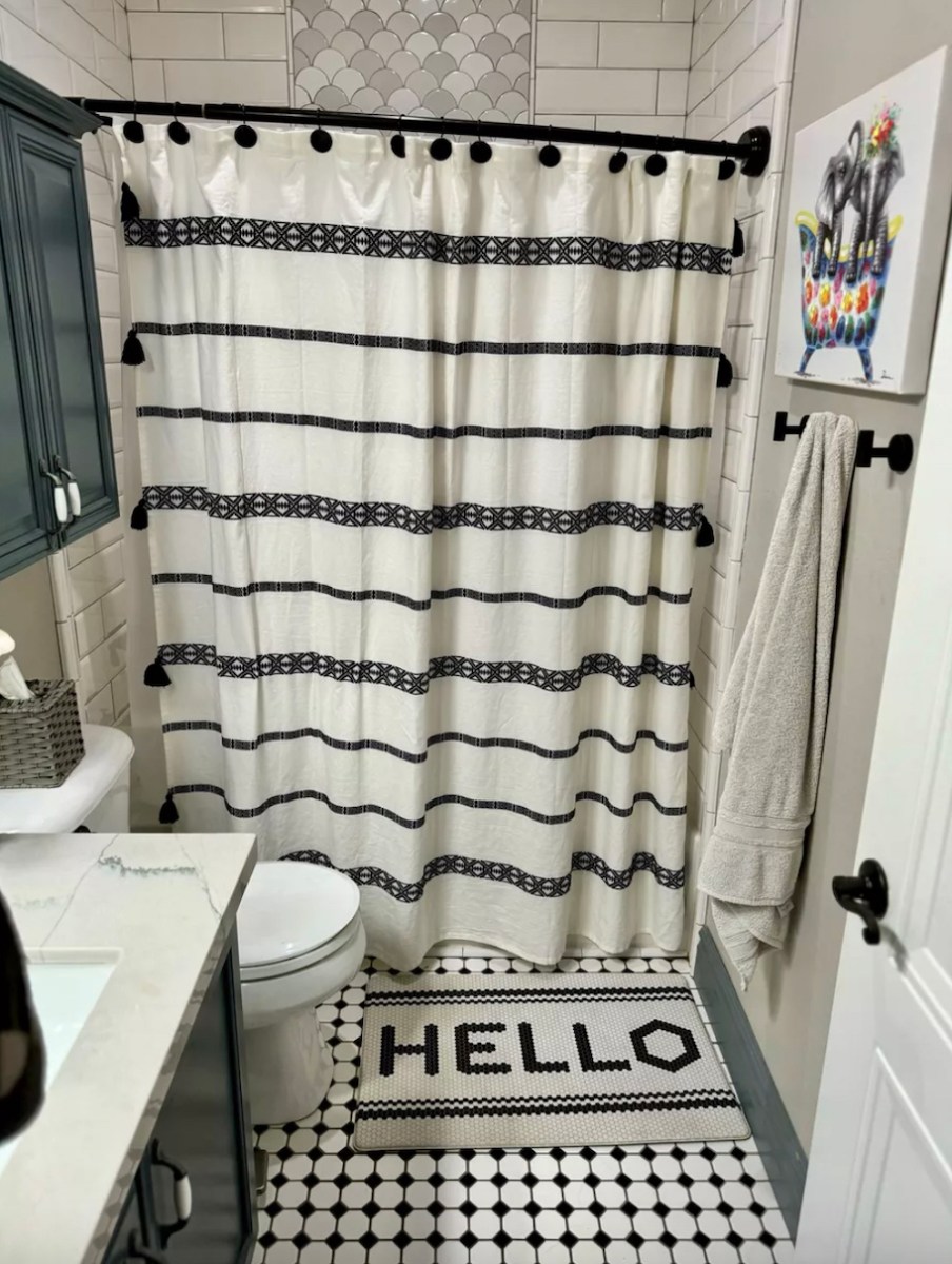 white and black boho shower curtain 