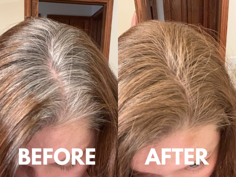 woman's scalp showing grey roots before using root touch up powder and after using