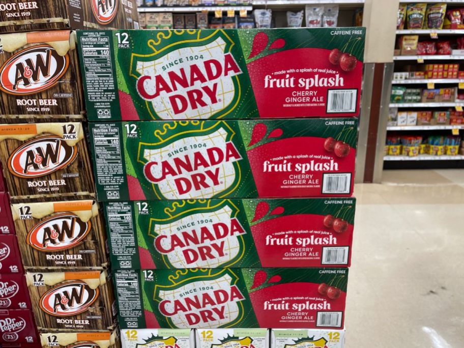 4 packs of canada dry fruit splash soda stacked in store