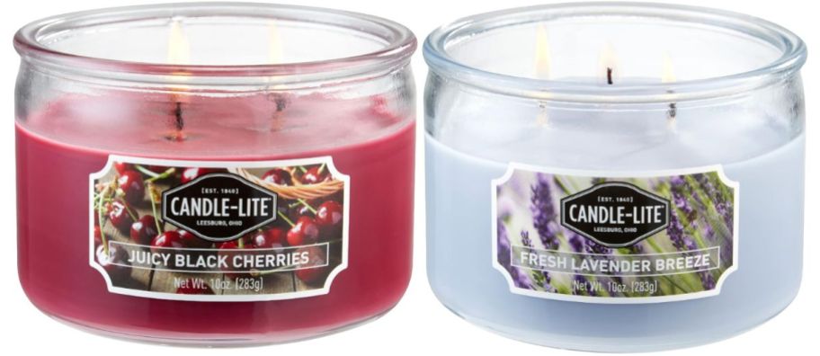 two 3 wick candle lite jar candles in back cherry and lavender
