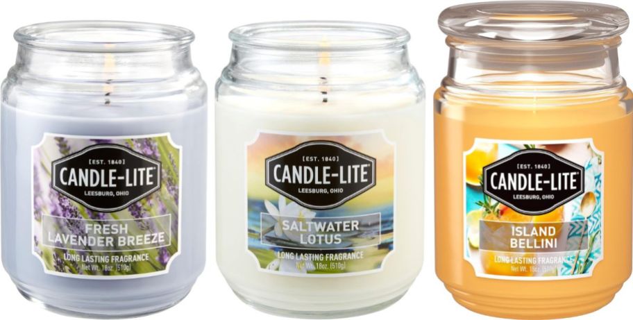 3 single wick candle lite jar candles in lavender, lotus and tropical