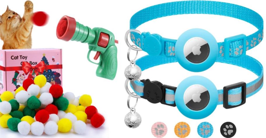a cat toy launcher and 2 air tag cat collars