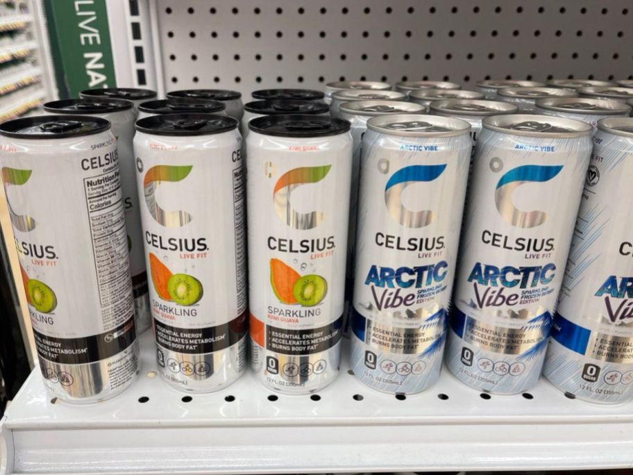 cans of celsius energy drink on shelf 