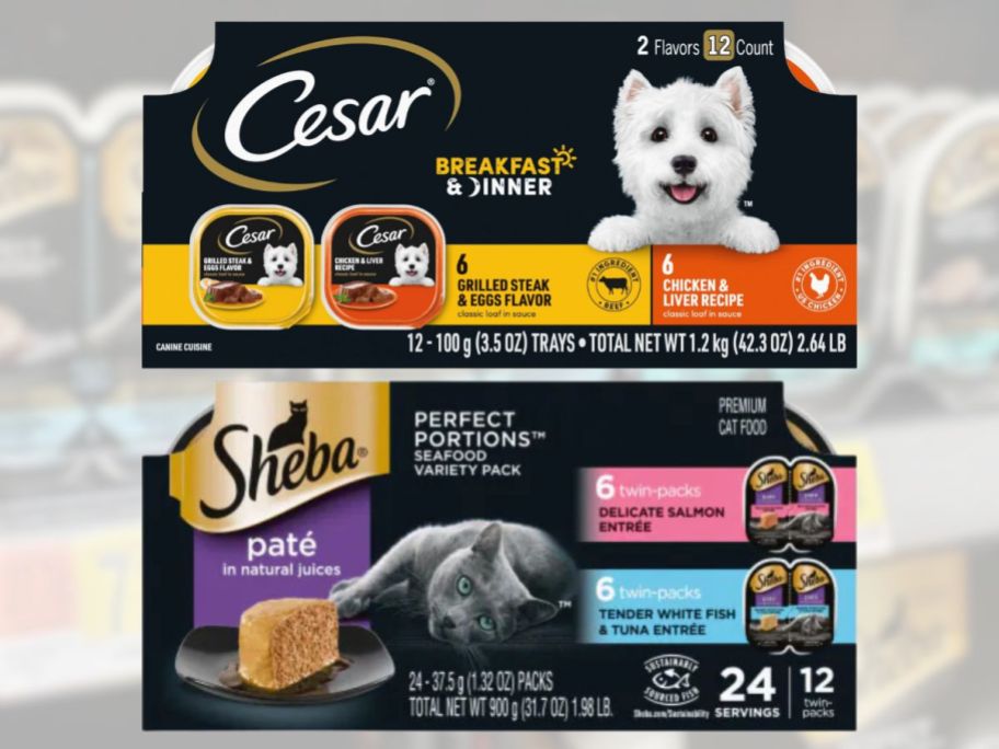 a pack of cesar and a pack of sheba pet food