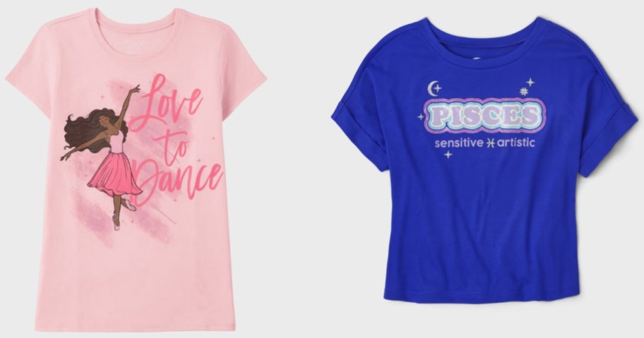 pink girls dance graphic tee and blue zodiac graphic tee