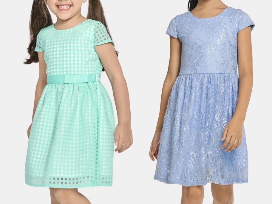 girls in mint green and light blue organza fit and flare dresses