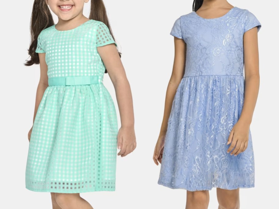 girls in mint green and light blue organza fit and flare dresses