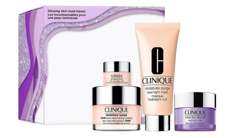 clinique glowing skincare set on white background 