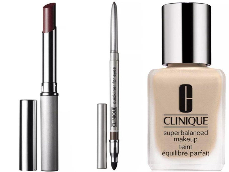 clinique lipstick, eyeliner, and foundation stock images