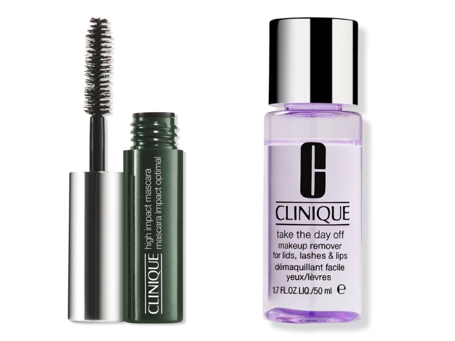 Clinique High Impact Mascara Mini and Clinique Travel Size Take The Day Off Makeup Remover stock images