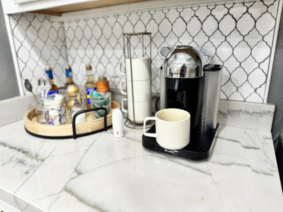 coffee bar set up at home with tray and mugs