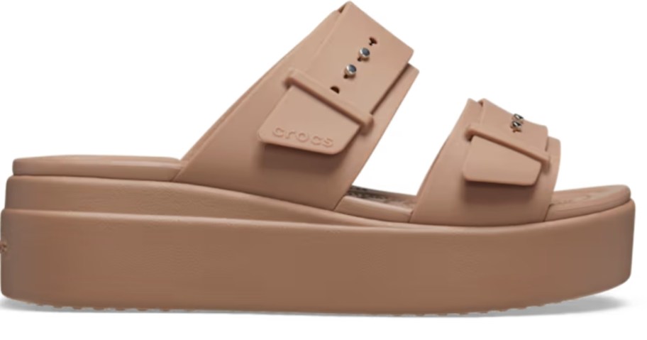 dark tan color women's Crocs platform buckle slides