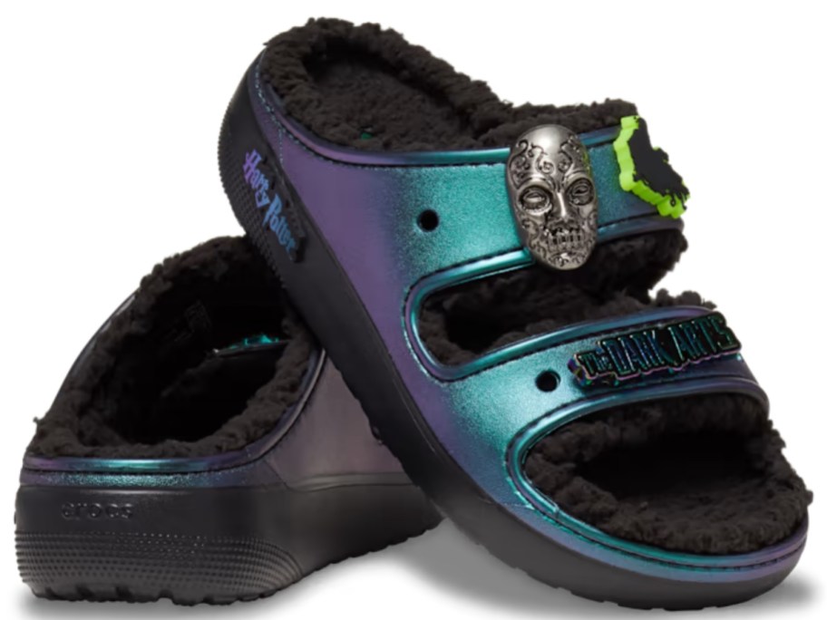 pair of iridescent blue adult Crocs Harry Potter lined slides