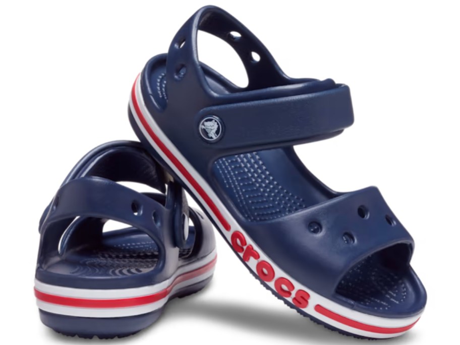 navy blue, white and red kid's Crocssandals