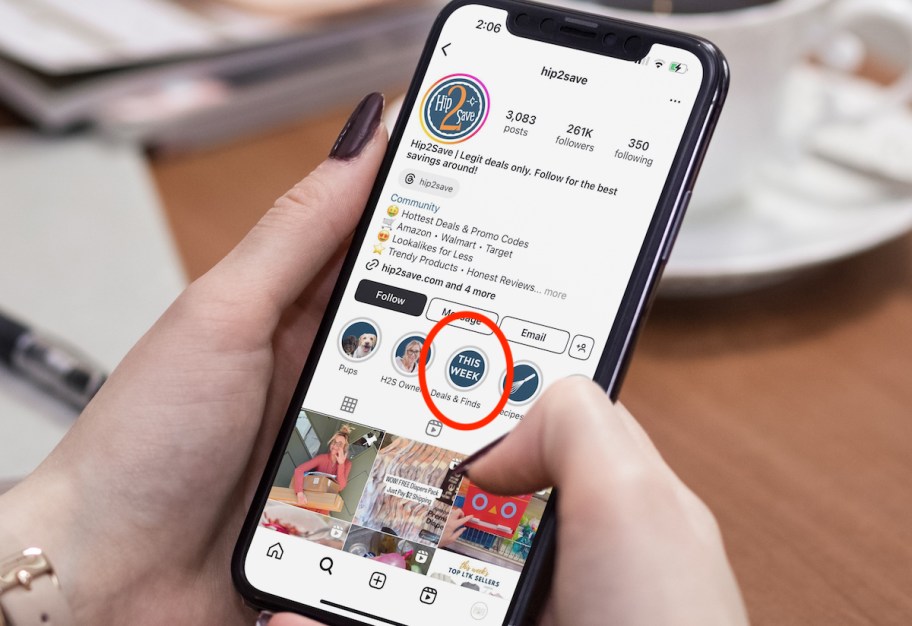 hand holding phone with this week deals and finds highlight tab circled from screen on phone with instagram page