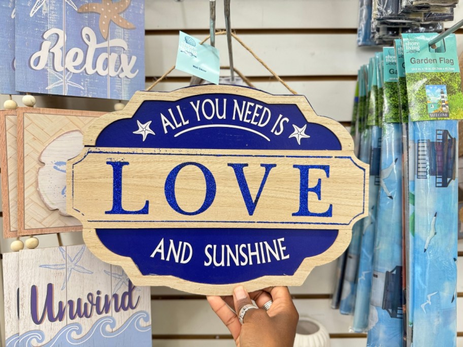 hand reaching for a blue and wood sign that says "all you need is love and sunshine"