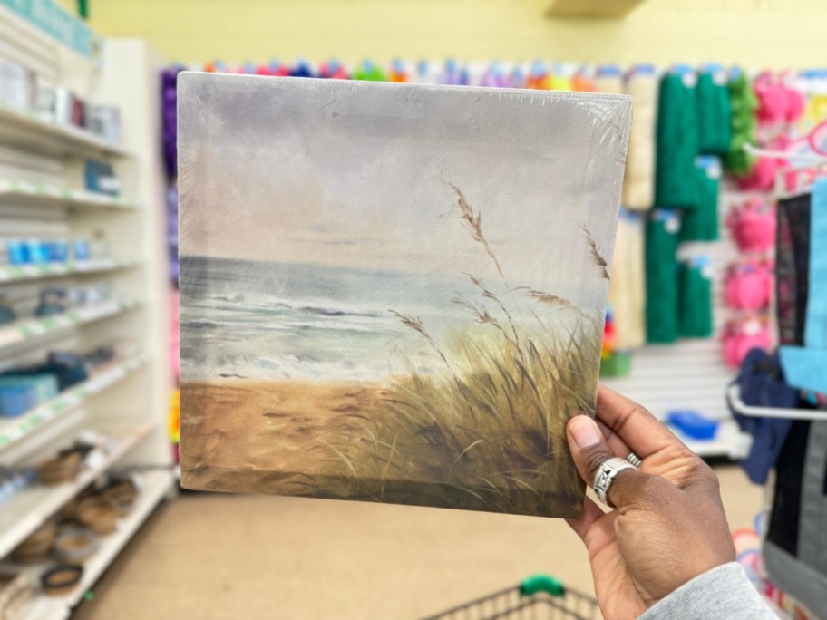 hand holding a coastal canvas print