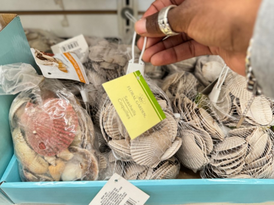 hand reaching for a bag of various seashells