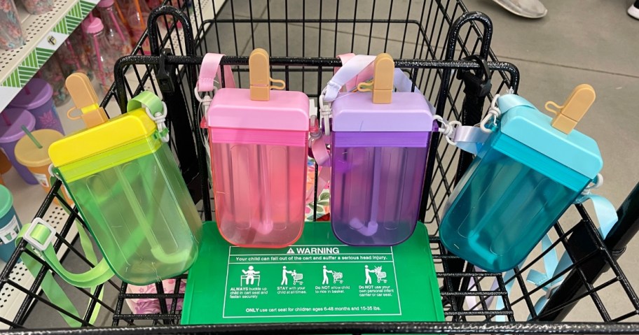 4 bright colored popsicle shaped drink tumblers in a Dollar Tree cart