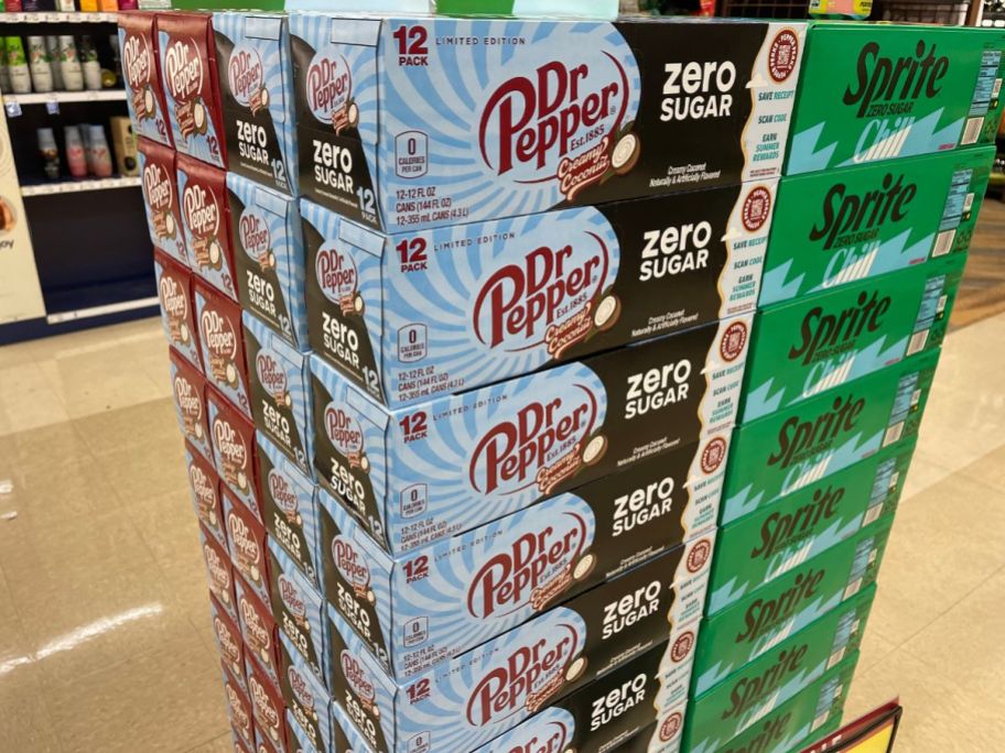 dr pepper creamy coconut soda stacked in store