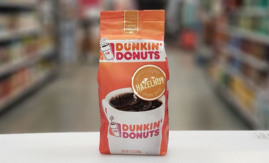 a bag of ground dunkin hazlenut coffee