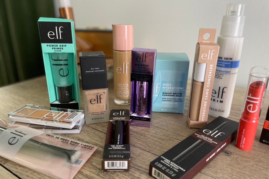 many elf cosmetics in a pile