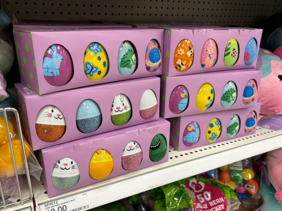 Plastic Decorated Easter Eggs sets stacked on a store shelf