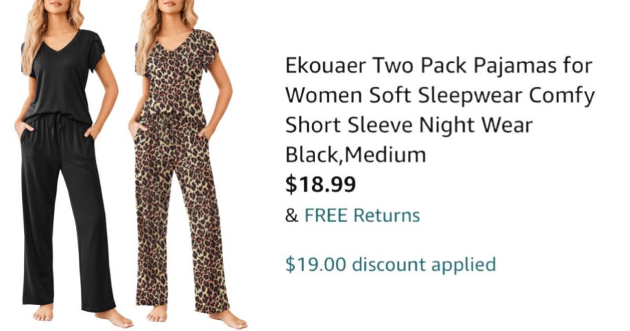 two women modeling pajama sets next to Amazon pricing information