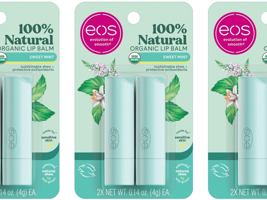 three stock images of eos sweet mint lip balms packs in a row