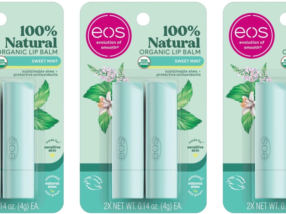 three stock images of eos sweet mint lip balms packs in a row
