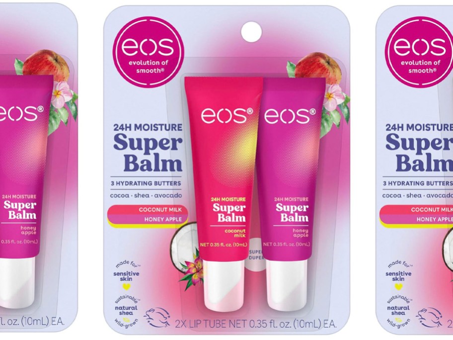three stock images of eos super balm packages in a row