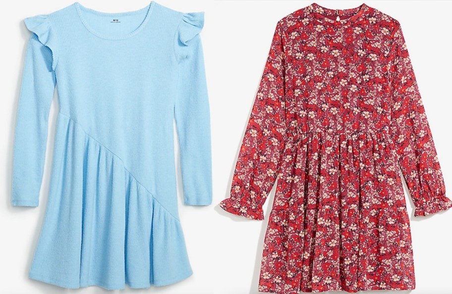 girls light blue and red floral dresses