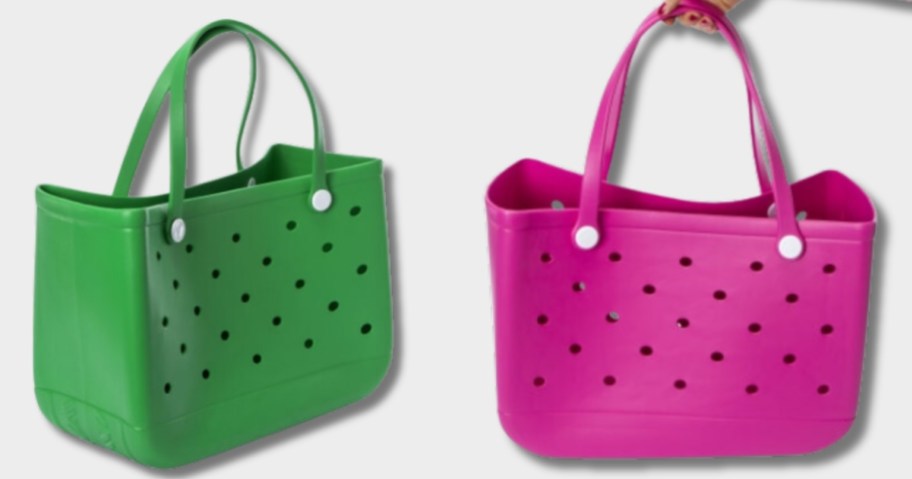 green and pink plastic beach tote bags that look similar to Bogg Bags